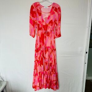 Petal + Pup Pink Red Abstract Floral Tiered Maxi Dress Womens Size Large Boho